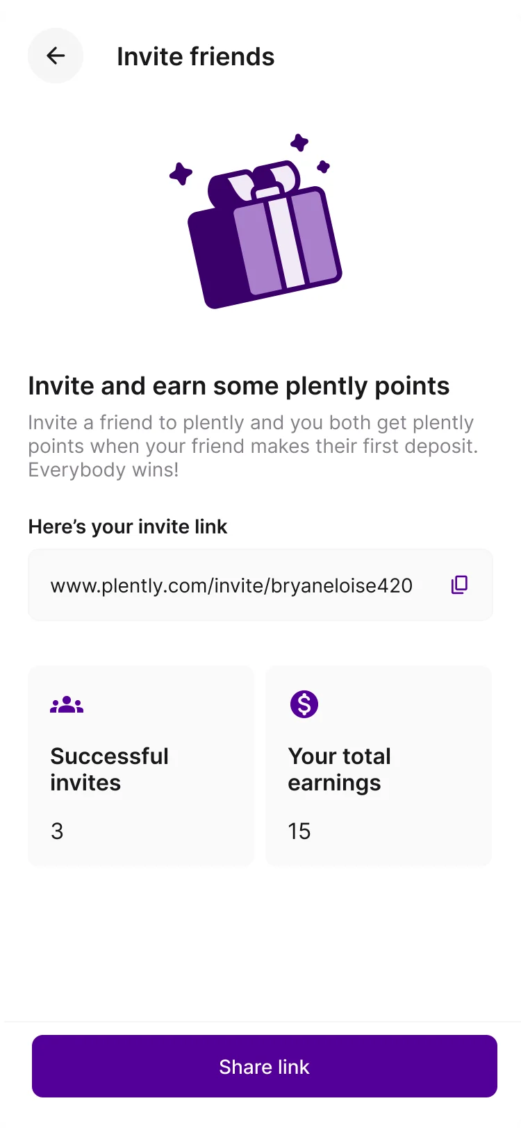 Plently invite friends mobile screen